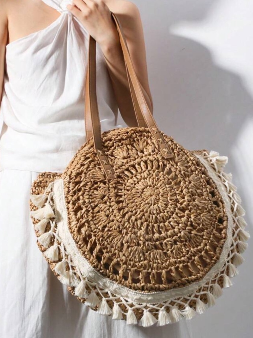 Woven Round Tote Bag in Camel with Cream Tassel Trim